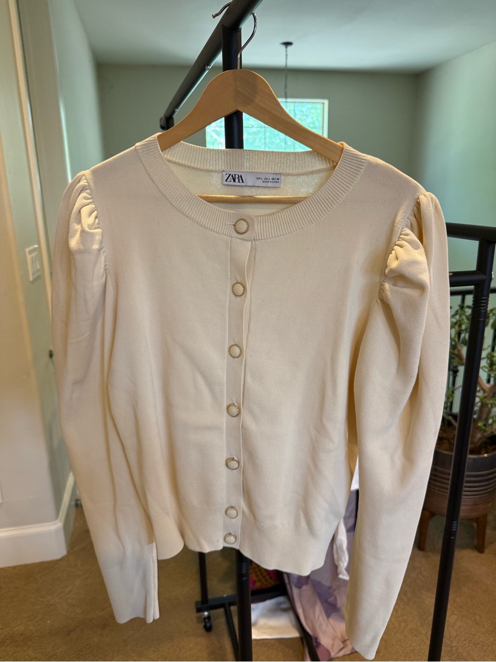 Zara Cream Puff-Sleeve Button-Front Cardigan